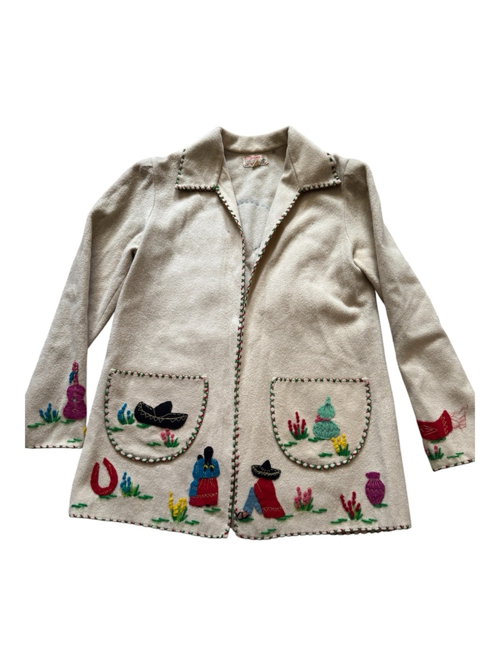Vintage 50’s MEXICANA Women’s Wool Felt Open Wrap Jacket with Embroidery